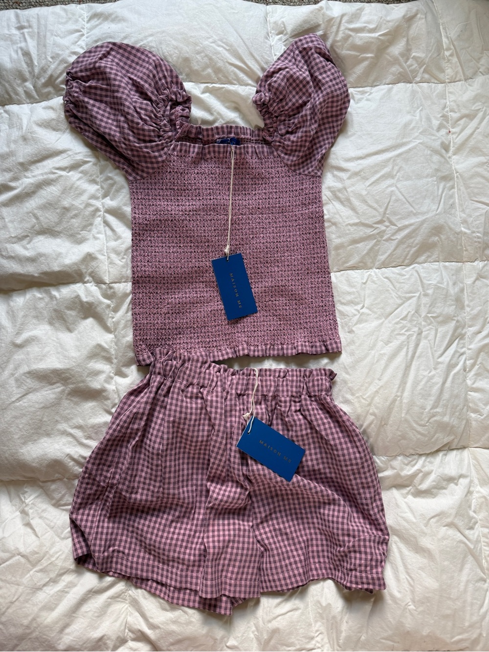 Girls Pink Gingham Puff-Sleeve Matching Set with Smocked Top